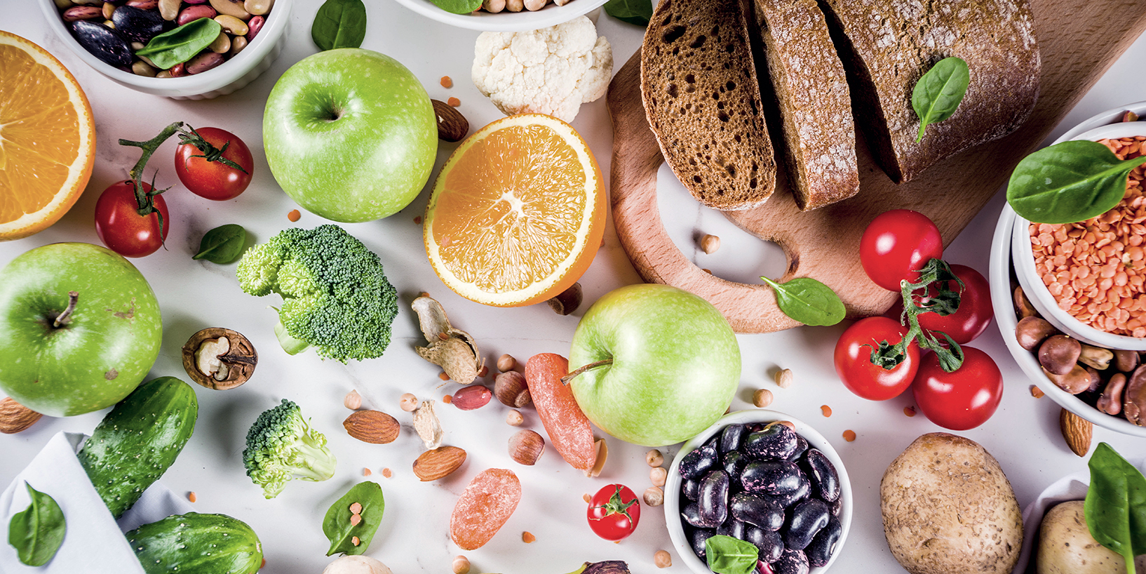 Photo of simple and complex carbs, apples, fruits, vegetables, nuts, etc
